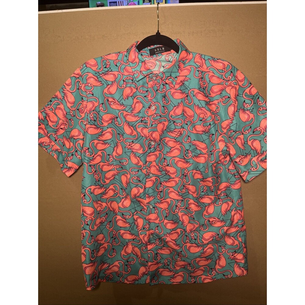 SSLR Mens Pink Flamingo Short Sleeve Button Up Shirt Size Sm Tropical(50)